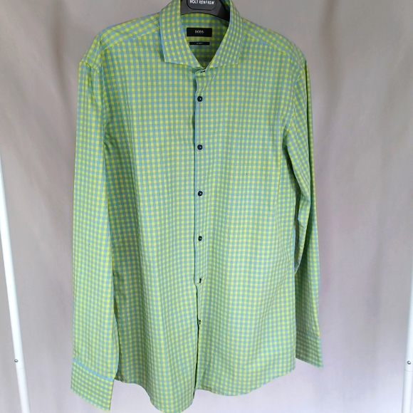 Men's Hugo Boss Jaser Blue and Yellow Checkered Long Sleeve Dress Shirt